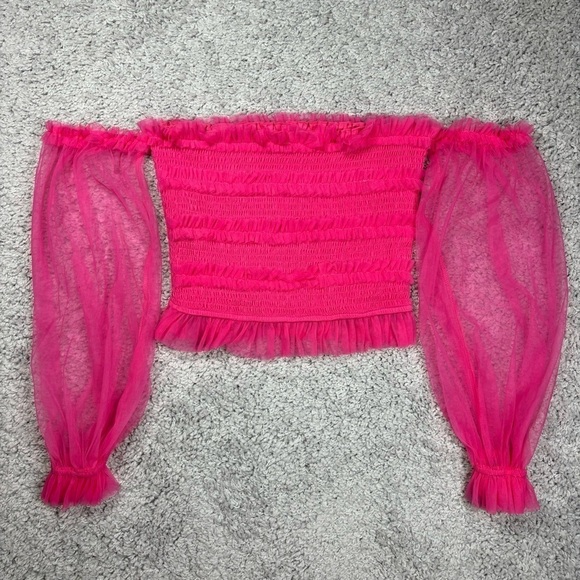 Pink Lily Top Womens Small Happy Ever After Pink Ruffles Tulle Balloon Sleeves - Picture 1 of 4